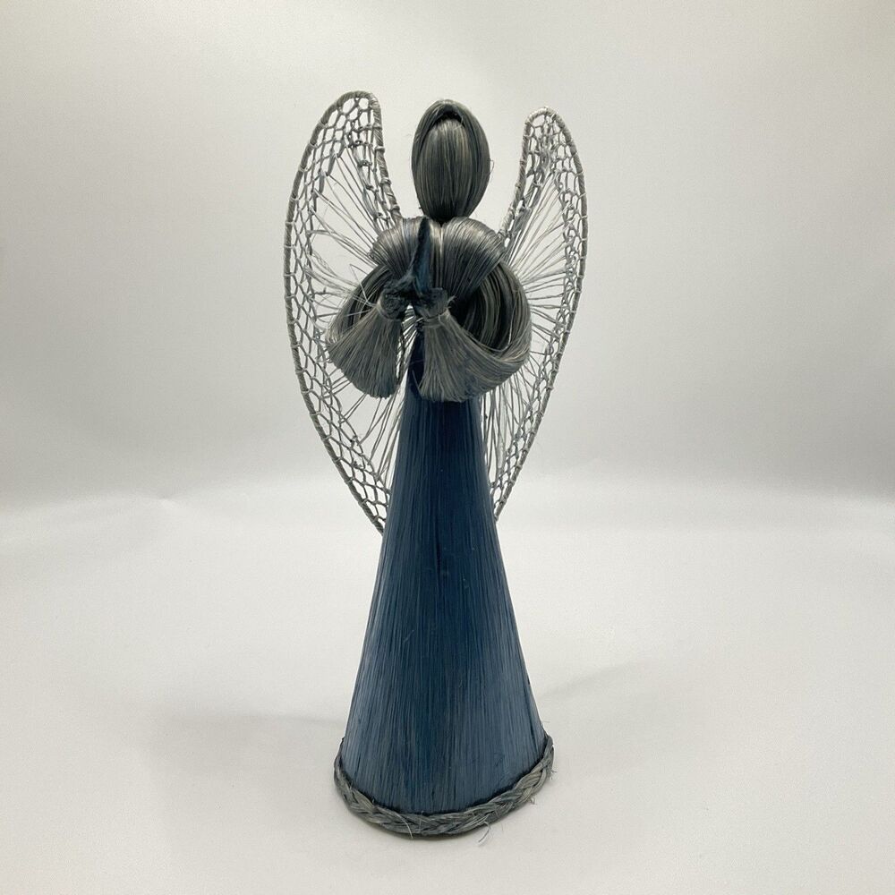 Vintage Handmade Blue Abaca Fiber Angel Christmas Tree Topper Signed 10" Decor
